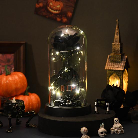Preserved Black Roses in Glass Dome Halloween Light-up Eternal Flower in Cloche with Skull Pumpkin Statue for Home Kitchen Mantel Tabletop Decor