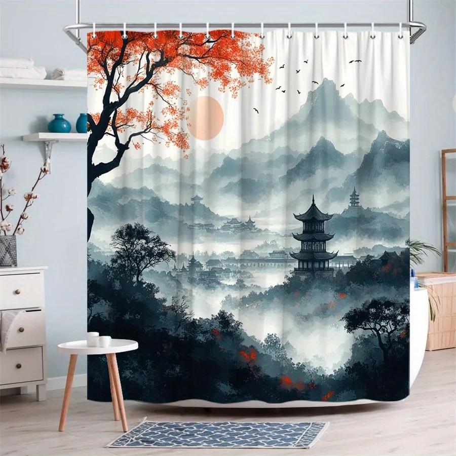 1Pc Tranquil East Asian Landscape Shower Curtain - Digital Painting Of Pagoda, Mountains, And Silhouetted Trees With Soft Peach