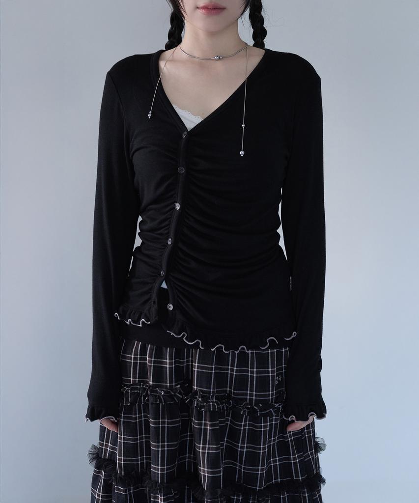 Mireco Asymmetric Shirring Lace Cardigan Black
