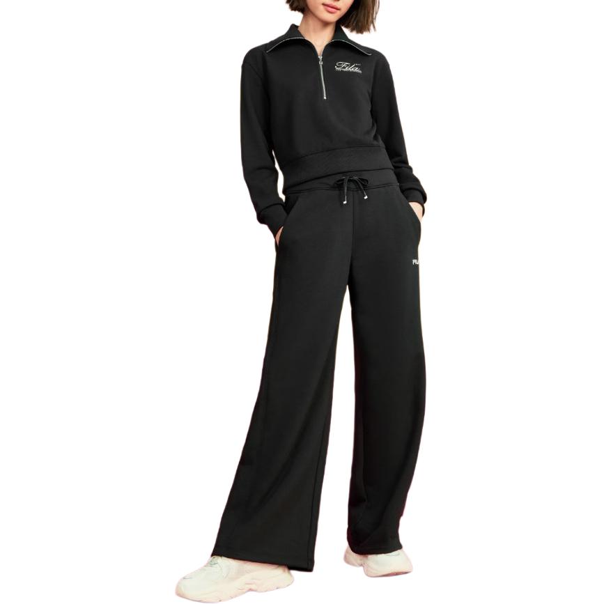 FILA Original Loose Fleece Antibacterial Wide-Leg Solid Color Versatile Casual Pants Women bottoms Black F51W449602F-BK