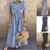 Damen Kragen Kurzarm Jeans Maxikleid Lockere Taille Lässig Mehrstufiges Hemdkleid