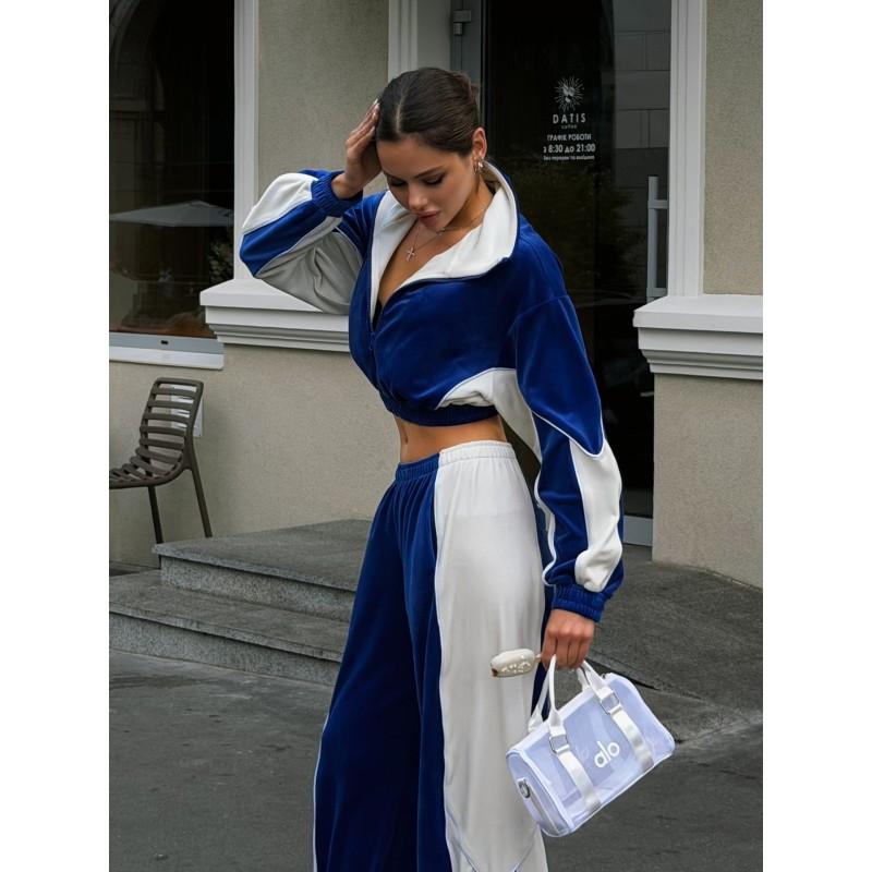 Womens Velvet Color Block Tracksuit Stand Collar Zip Crop Top Wide Leg Pants Two Piece Set
