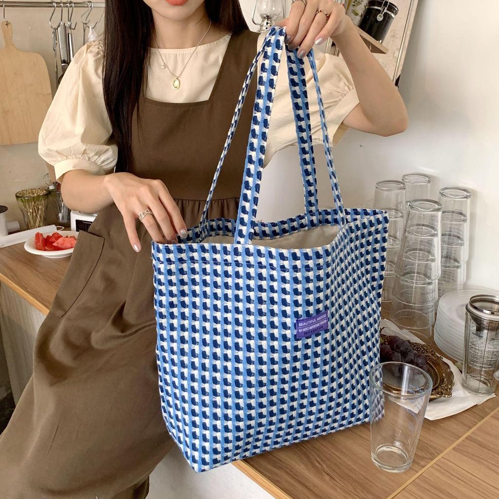 Women Woolen Vintage Plaid Shoulder Bag Versatile Canvas Student Large Capacity Handbag