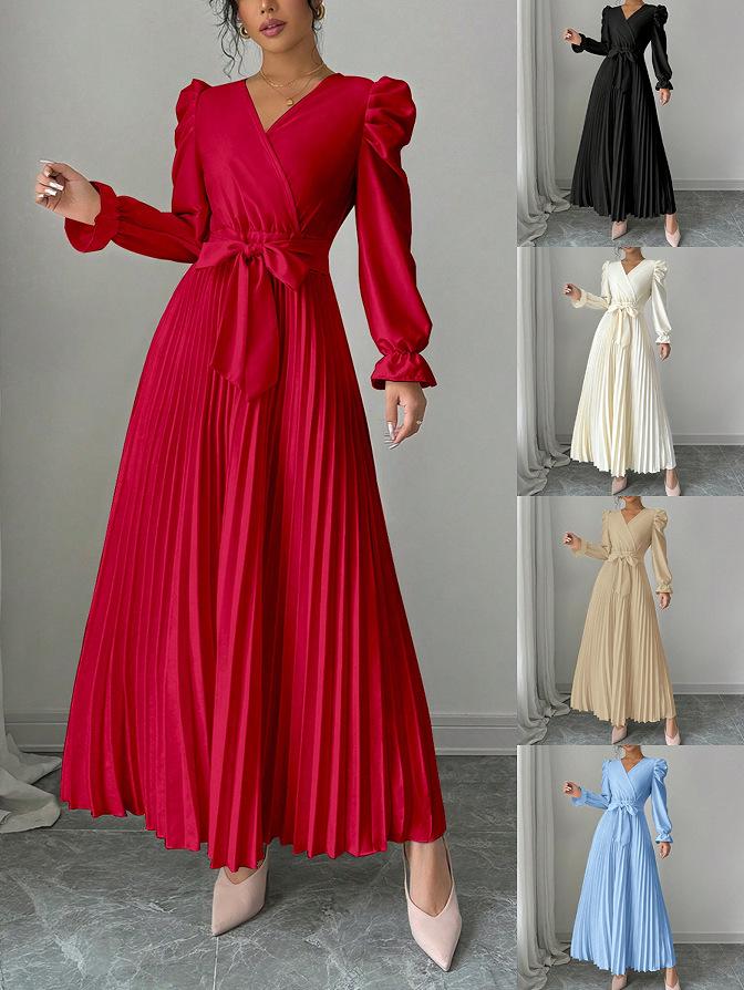 European 2026 Elegant Solid Color Pleated Banquet Dress