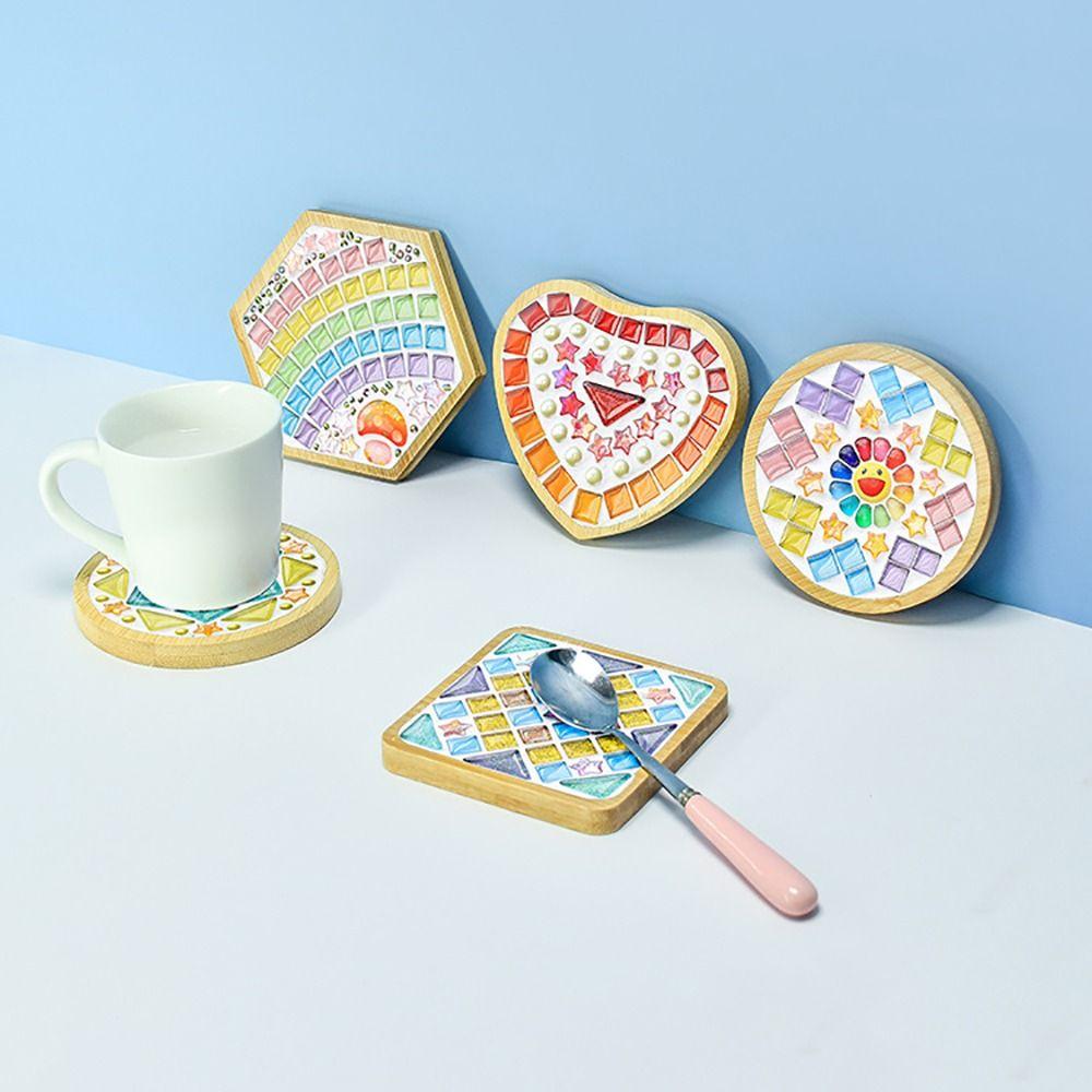 Square Round DIY Mosaic Cup Mat Mosaic Glass Bamboo Pad Creative Handmade Coaster  Toys