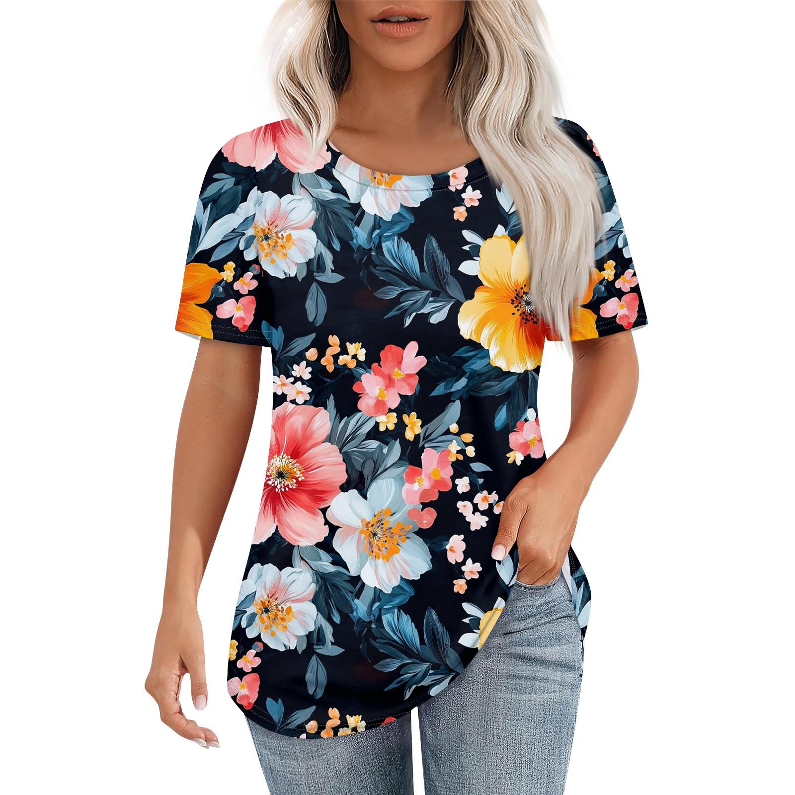 

Женская ретро-принтованная модная повседневная футболка с круглым вырезом и коротким рукавом L темно-синий