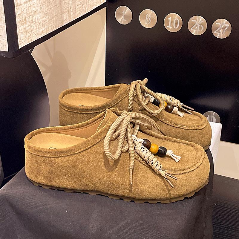 Retro Beaded Bag Head Boken Half Slippers Women's 2025 New One-pedal Thick-soled Literary Mori Versatile Muller Shoes