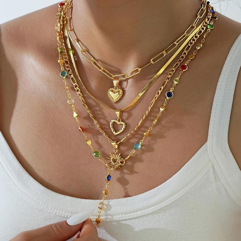 4 Pcs Simple Zircon Pearl Design Pendant Choker Necklace Set for Women Vintage Colorful Crystal Long Y-shaped Necklaces Jewelry