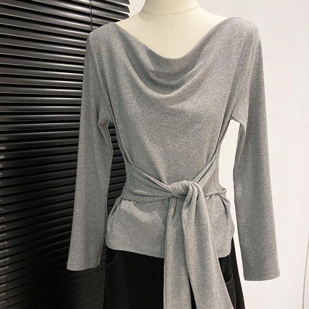 Women's French Swing Tie-Waist Long-Sleeve T-Shirt - Autumn 2026 New Arrival, High-End Slim-Fit Base Layer