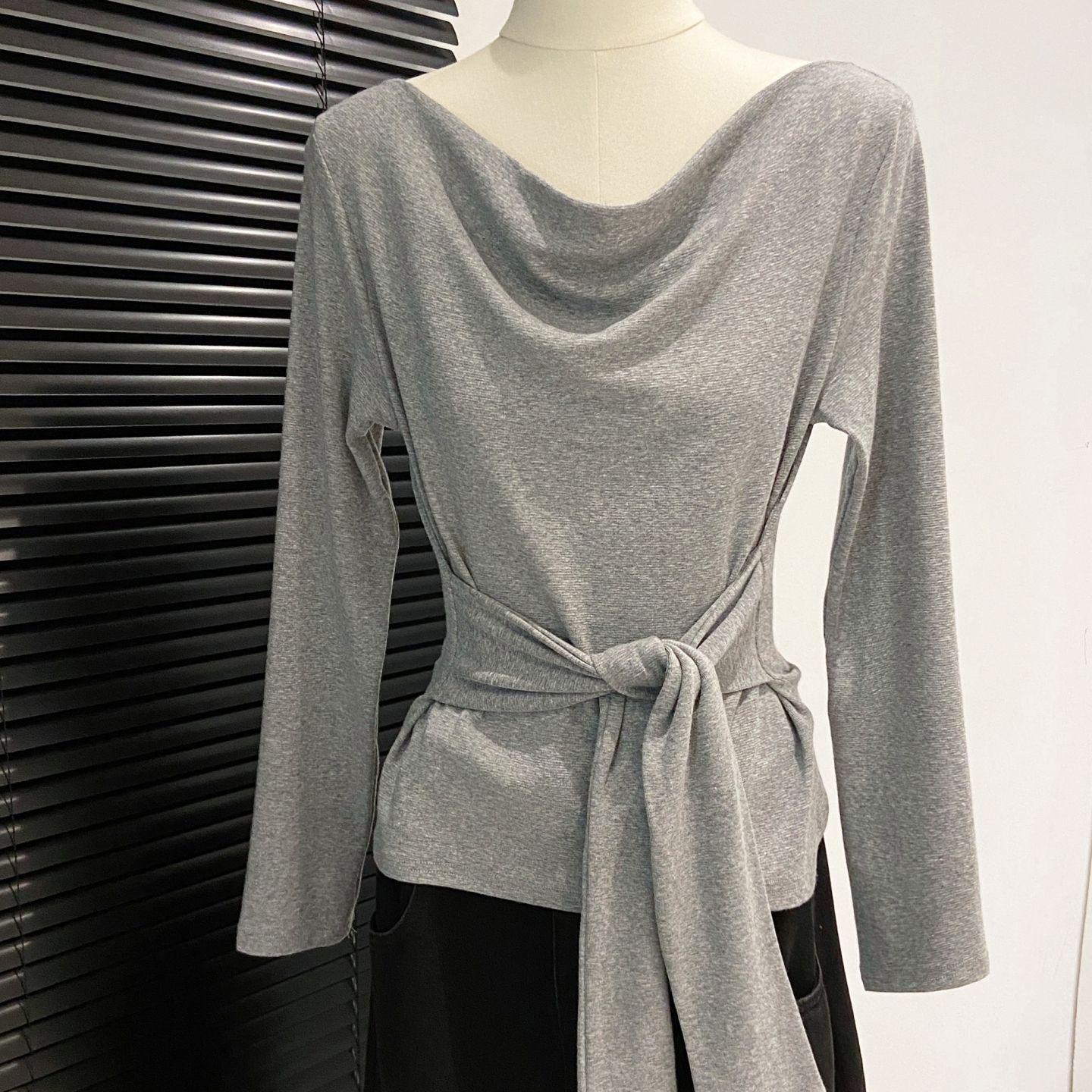 

Women s French Swing Tie-Waist Long-Sleeve T-Shirt - Autumn 2026 New Arrival, High-End Slim-Fit Base Layer 2XL серый