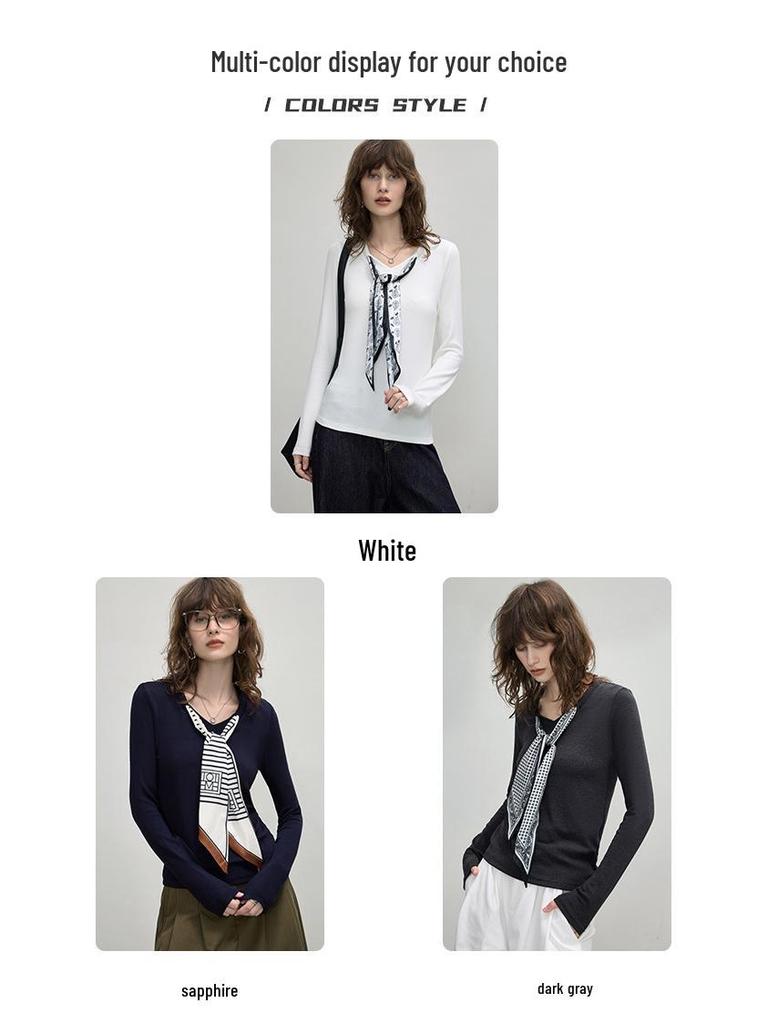 Podzim 2025 Dámské tričko s dlouhým rukávem a hedvábným šátkem na zavazování