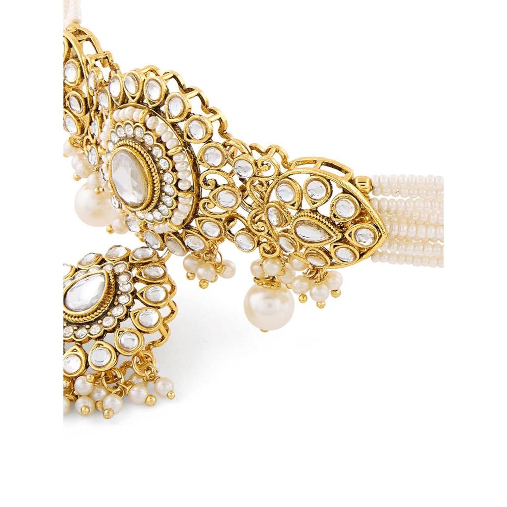 Tone Dazzling Kundan Multistrand Pearls Choker Necklace Earring & Maangtikka Set For Women