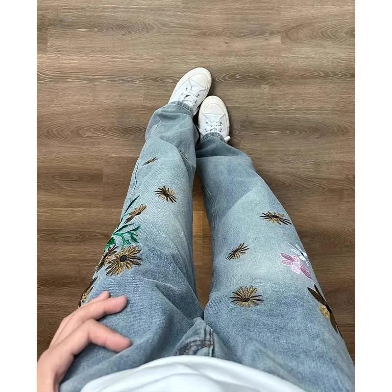 Cleanfit Floral Embroidered Jeans Men Women Slim Flared Streetwear Denim Pants