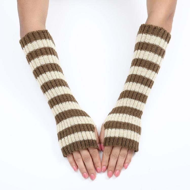 Teenagers Winter Half Finger Mitten Stripe Pattern Knit Keep Warm Lengthen Wrist