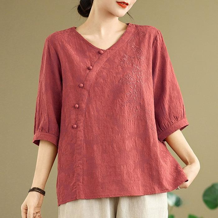 Chinese Style Cotton and Linen Short-sleeved T-shirt Women's Summer Half-sleeved Mid-sleeved National Style Top