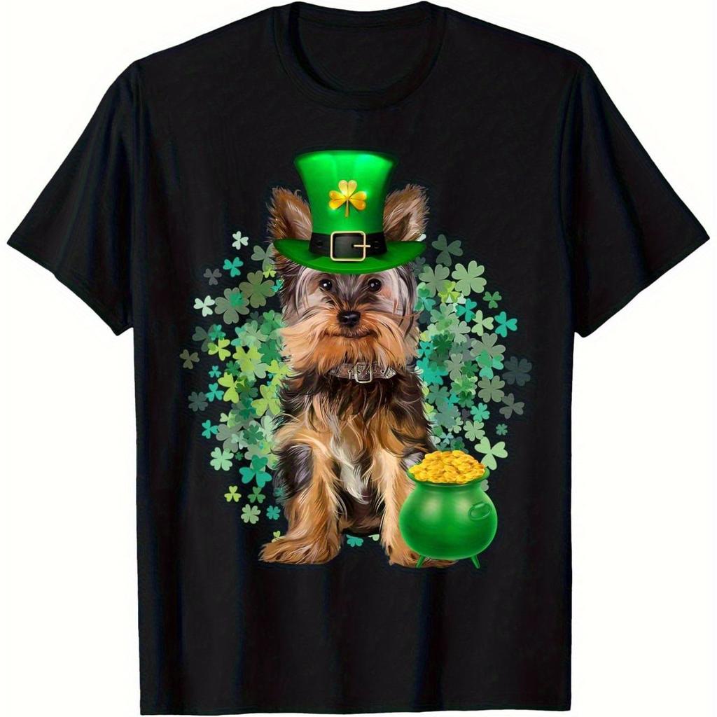St. Patrick's Day Yorkie Graphic Tee Men Breathable Cotton T-Shirt Irish Dog Clover Print Casual Top
