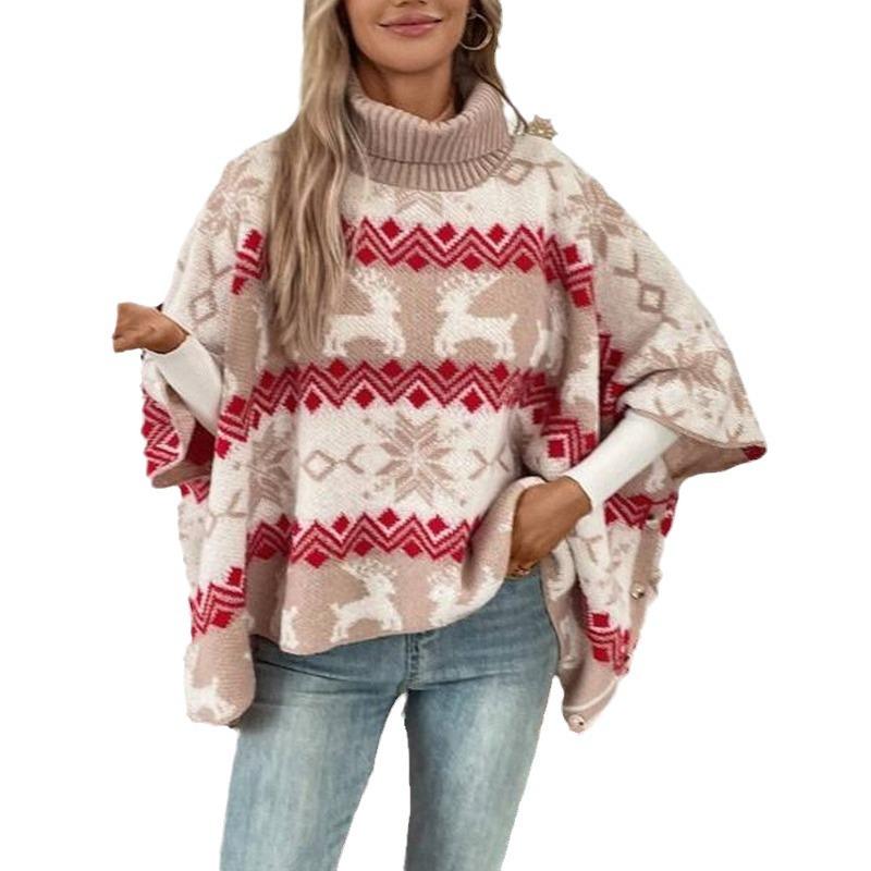 Women'S Christmas Oversized Sweater Novelty Autumn Winter Turtleneck Bat Sleeved Knit Pullover Festival Women Clothing