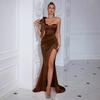 Vestido Maxi de Un Hombro para Mujer con Drapeados, Cintura Fruncida, Abertura Alta, Corte Ajustado, Elegante Vestido de Fiesta Nocturna