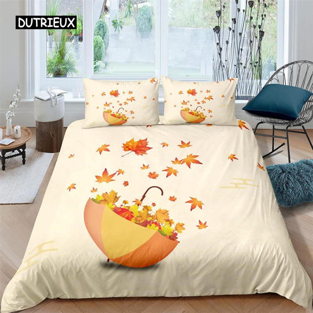 Maple Leaves Duvet Cover Set Colorful Autumn Season Maple Leaves In Unusual Designs Nature Print King Size 2/3pcs Bedding Set
