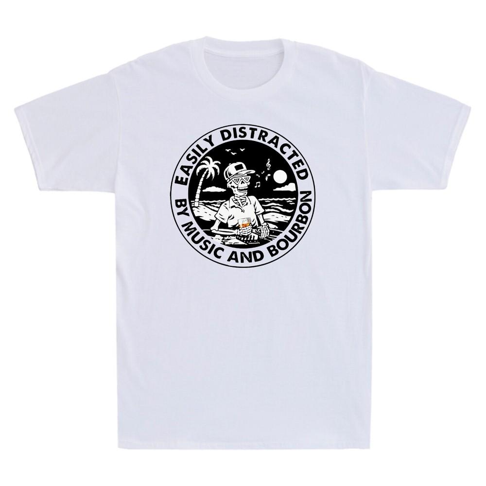 Skeleton DJ Easily Distracted By Music Bourbon Funny Retro Men T-Shirt White Unisex T-Shirt S