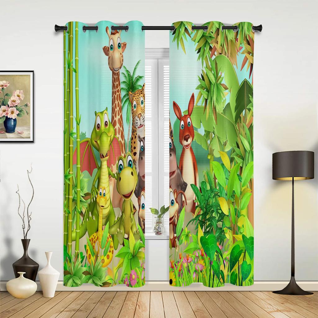 Jungle Forest Cartoon Animal Lion Elephant Curtains Bedroom Living Room Drapes Kitchen Children Window Curtain Home Decor Polyester Ideal For