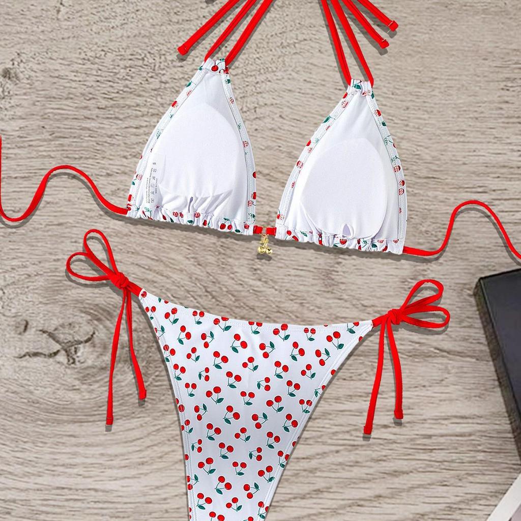 2024 Cherry Print Halter Tie-Back Backless Bikini Swimwear for Women