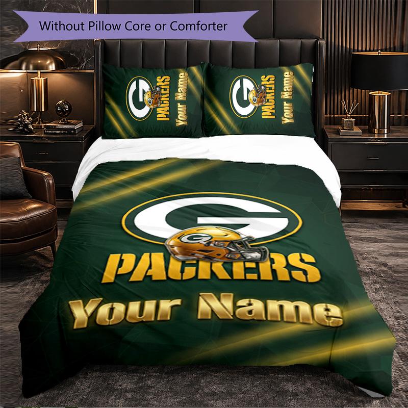 Green Bay Packers Customized Name Text Bedding Set, 1 Duvet Cover & 2 Pillowcases Personalized Bedroom Gift
