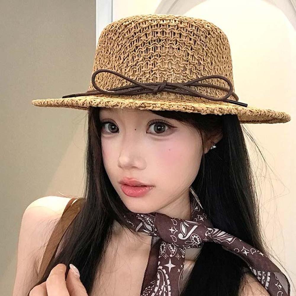 Sun Protection Straw Boater Hat Breathable Mesh Flat Top Beach Hat Handwoven Sun Cap Resort Wear
