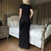Women's Deep V-Neck Short-Sleeved Solid Color Pleated Long Dress