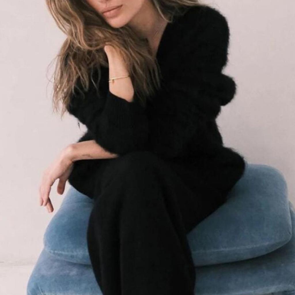 Women Fashion Knitted Angola Cardigan Women Luxe Mink Oversized Soft V-neck Long Sleeve Sweater Single Breasted Solid Knitwears