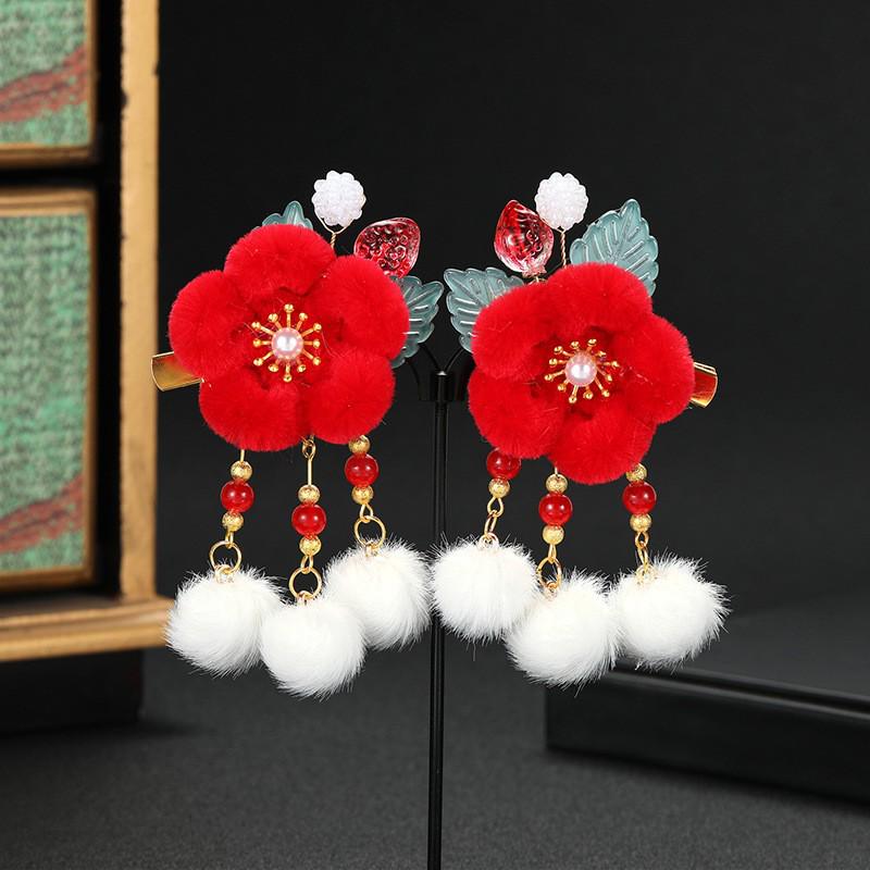 Red New Year Hanfu Hair Clips for Girls - Chinese Style Floral Headwear
