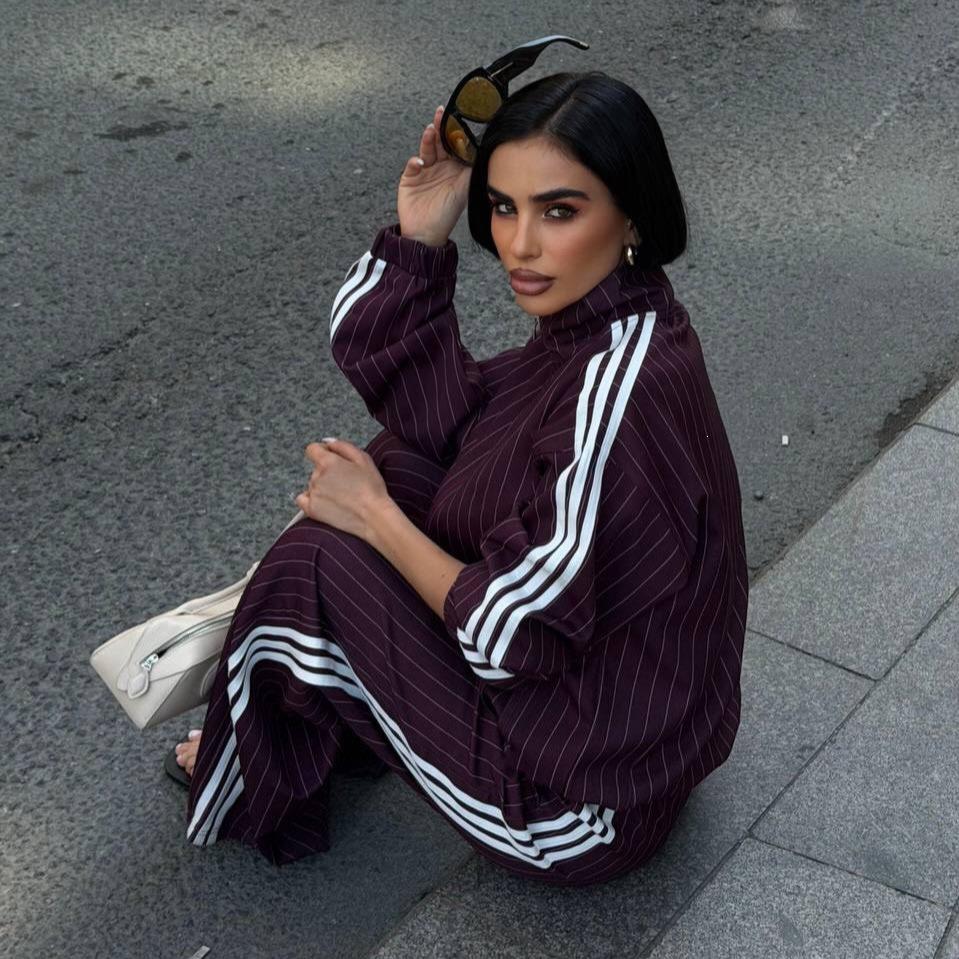 2026 New Striped 3 Stripe Track Suit for Women Zip Up Jacket High Waist Wide Leg Pants 2 Piece Set