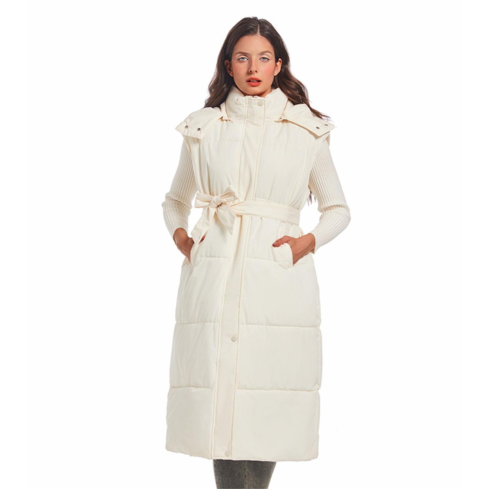 

Женские длинные пуховые жилеты без рукавов с капюшоном на молнии с поясом, стеганое пальто с подкладкой, верхняя одежда XXL бежевый