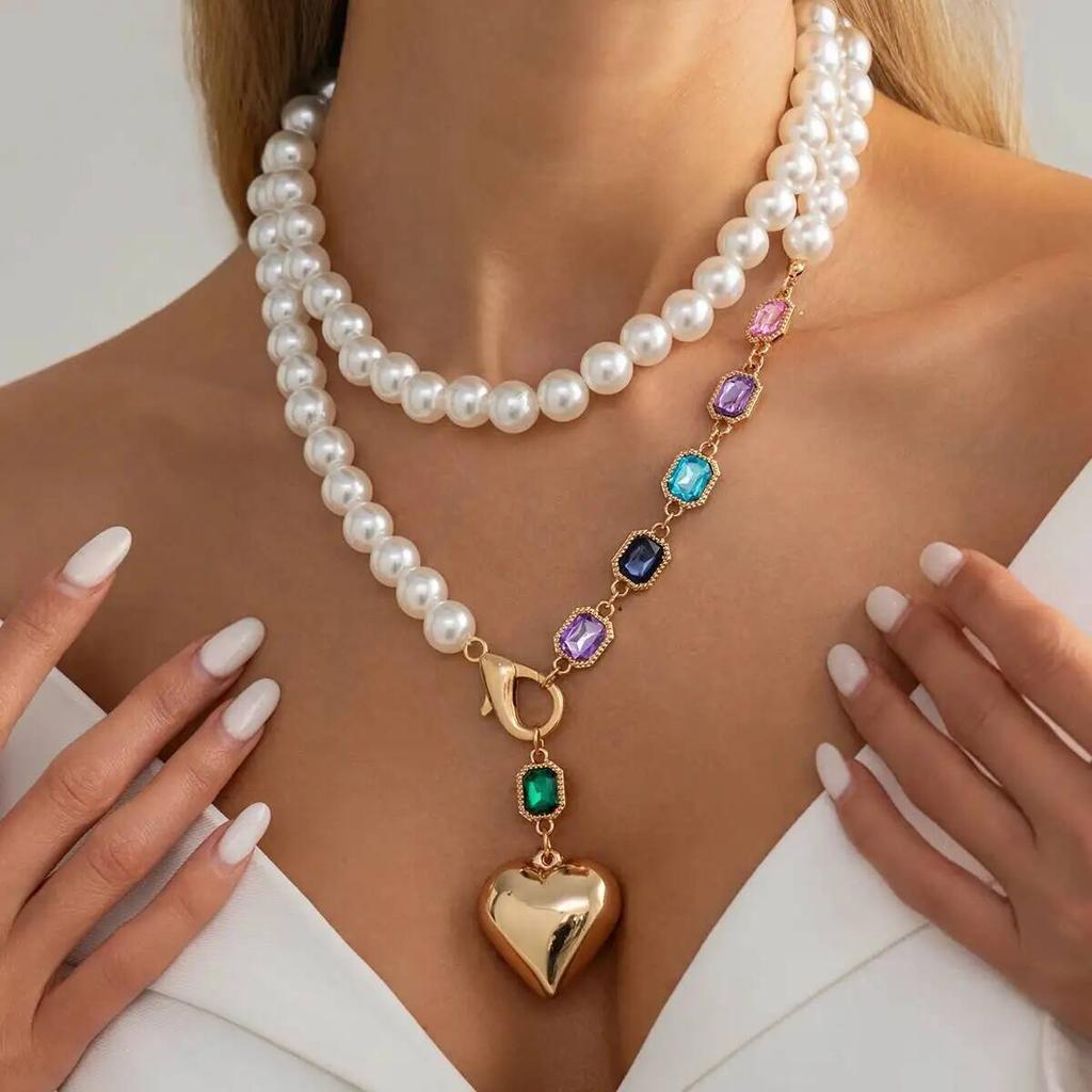 IngeSight.Z Elegant Imitation Pearl Colorful Acrylic Metal Big Heart Shape Pendant Necklace for Women Fashion Boho Jewelry Gifts