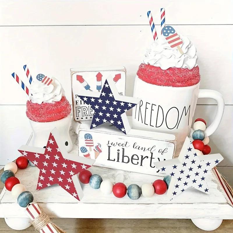 3Pcs/set Patriotic Wooden Star Decor Home Decor Tabletop Ornament Party Table Decor American Flag Design Laser Cut Decorations