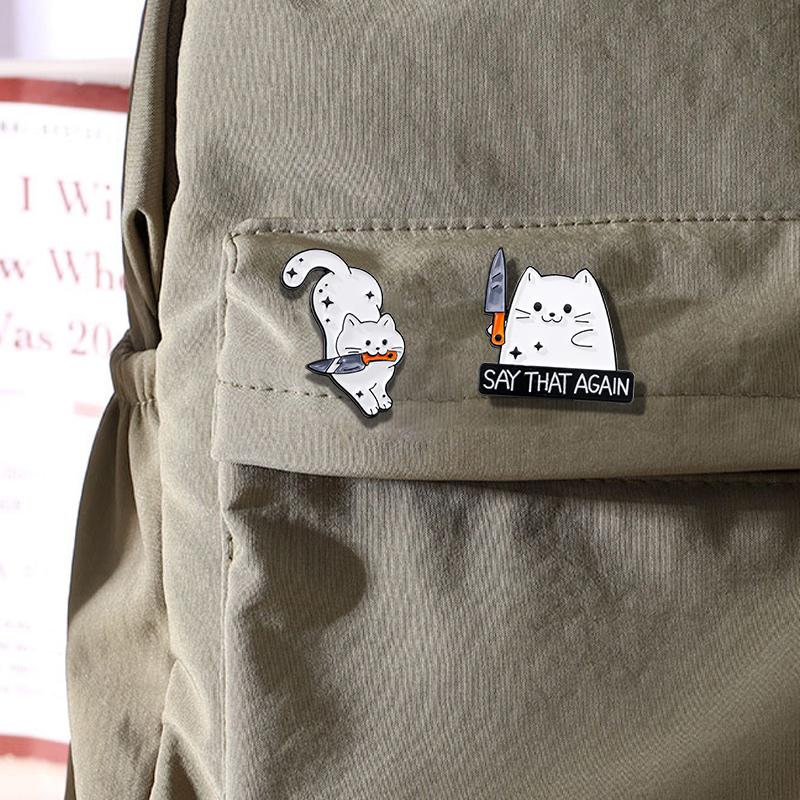 4 Styles Cat holding a Knife Design Enamel Brooches Cute White Kitten Say That Again Be Nice Lapel Pins Best Gift For Pet Lovers
