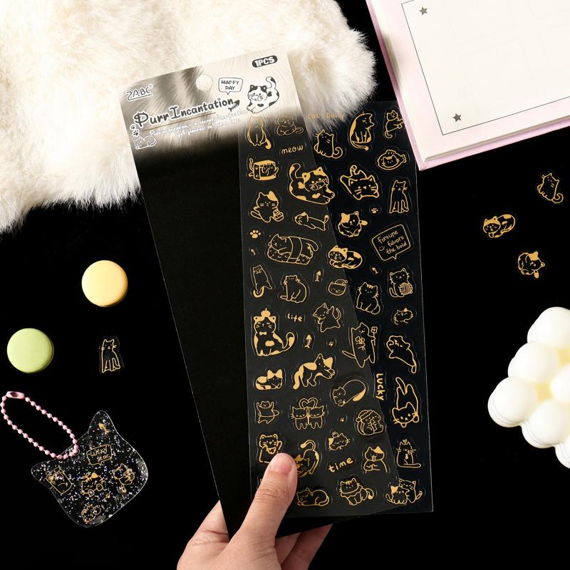 Cute Gold Foil Hand Drawn Black Cat Flat Stickers Kawaii Kitten Decor For Scrapbooking Journal Craft Supplies
