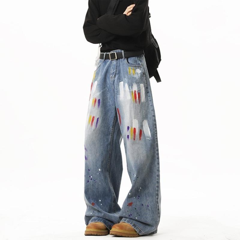 JYL Unisex Flare Jeans Cross-Border American Patch Splash Straight Denim Pants