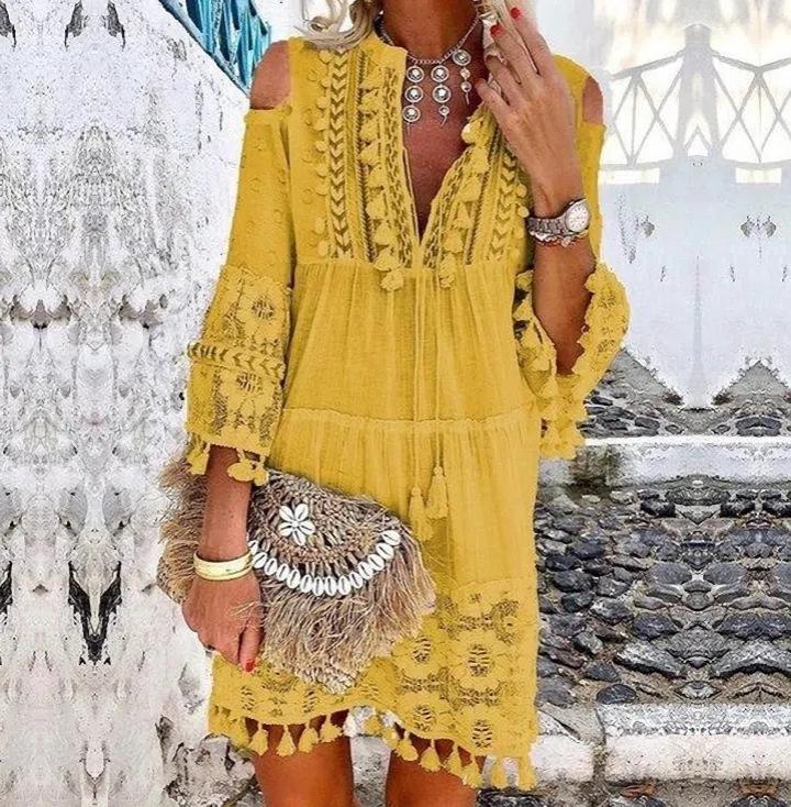 Bohemian Off-Shoulder Embroidered Maxi Dress with Fringe and Lace Trim