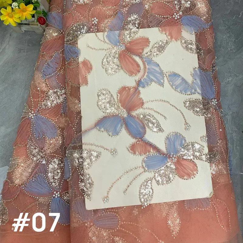 African 3D Beaded Sequins Pearls Embroidered Tulle Fabric Handmade Net Lace Fabric for Bridal Party Dresses DIY Sewing