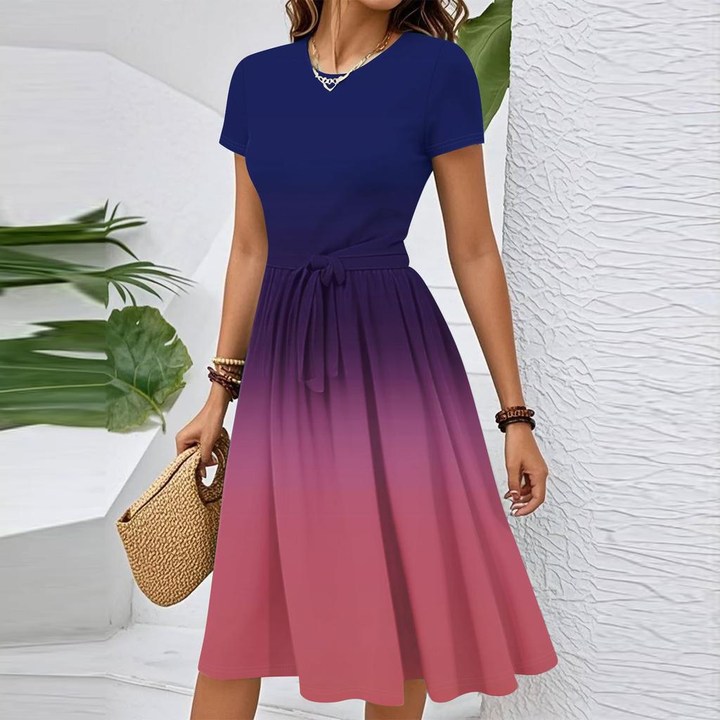 Damen Casual Mode Gürtel Kleid mit floralem Druck, kurzen Ärmeln und Rundhalsausschnitt