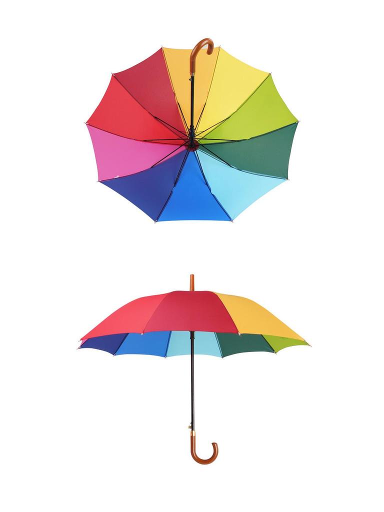 Large 16-Ribbed Rainbow Umbrella with Curved Handle and Custom Logo Option - Black Glue Coating