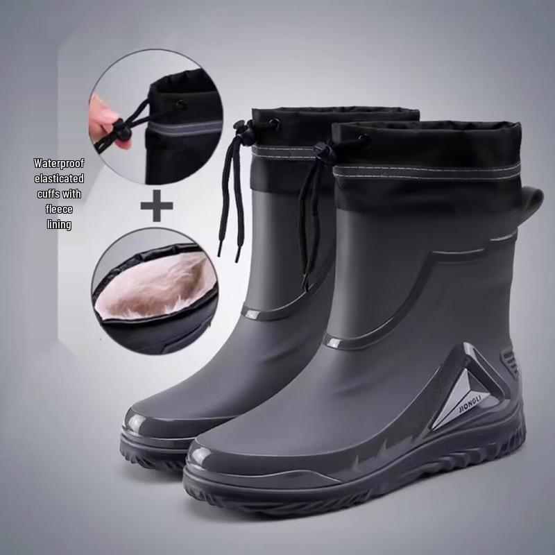 Men's Fleece-Lined Waterproof Rubber Rain Boots Non-Slip Warm Outdoor Kitchen Footwear