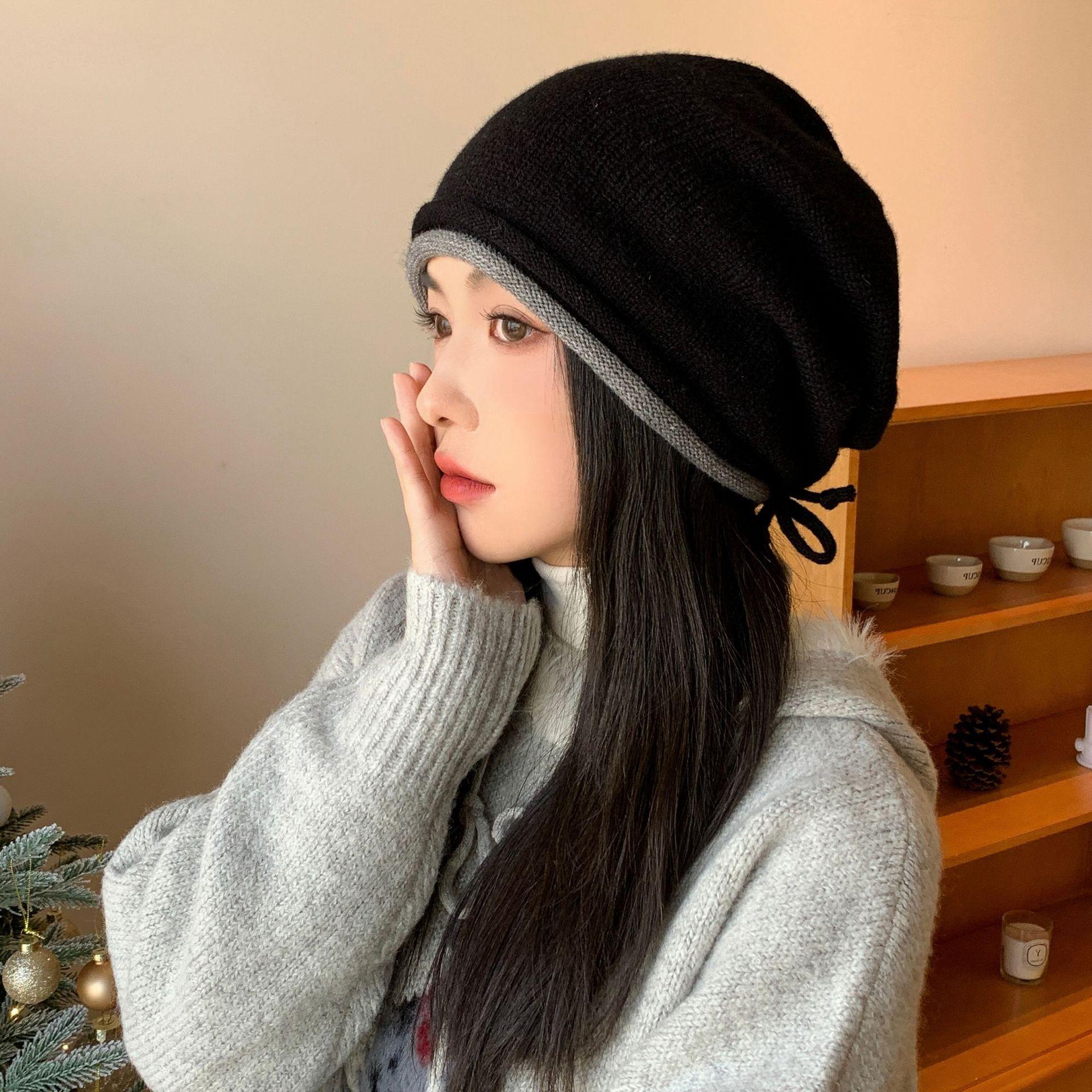 

Double rolled Edge Drawstring Pile Hat Women s Warm Headscarf Cold Hat Big Head Circumference Making The Face Look Smaller Versatile Knitted Hat M（56-58cm）