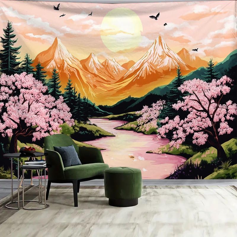 Mountain Tapestry Nature Forest Pink Cherry Blossoms for Bedroom Aesthetic Sunset Wall Hanging Orange and Green Landscape for