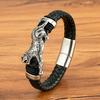 Leopard/Dragon Design Leather Braided Stainless Steel Bracelets Magnetic Buckle Rope Weaving Bracelet for Men Jewelry Gifts