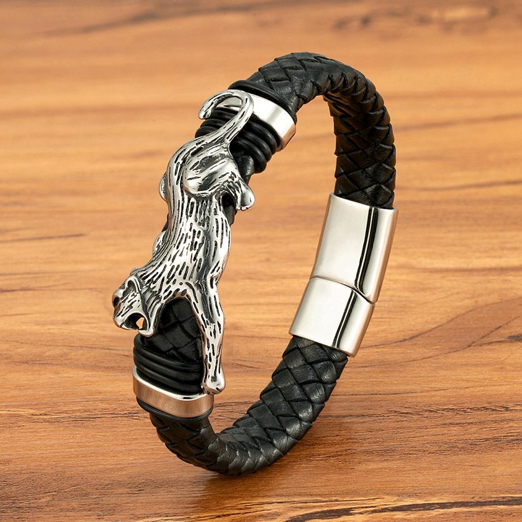 Leopard/Dragon Design Leather Braided Stainless Steel Bracelets Magnetic Buckle Rope Weaving Bracelet for Men Jewelry Gifts