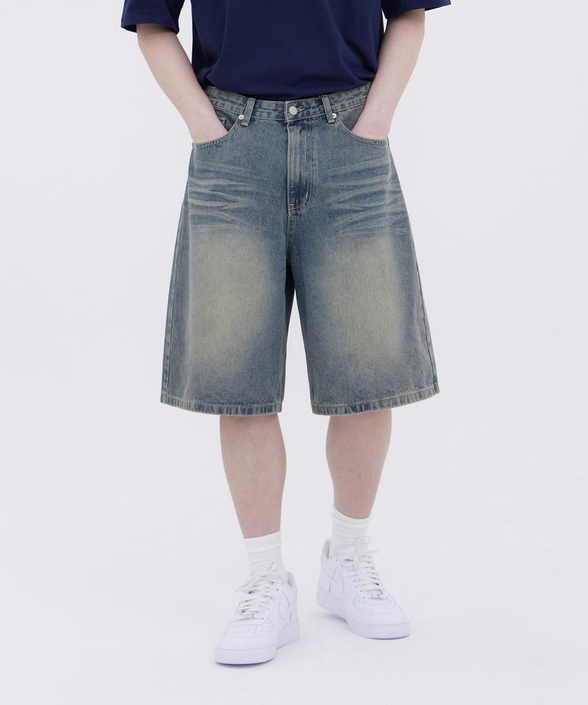 Akeusi Vintage Gewaschene Street Oversized Knielange Jeanshose Unisex (blau)