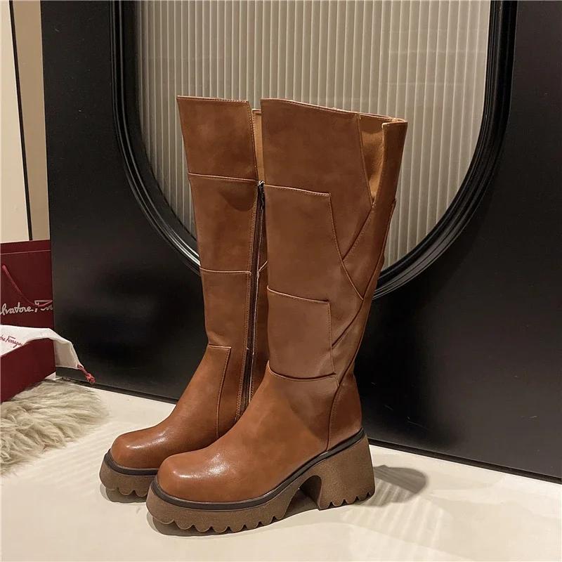 

Сапоги на платформе до колена, женские туфли на высоком каблуке, челси, массивные, тренд 2024 года, зимние новые сапоги для снега, теплые кожаные туфли-лодочки Zapatos Mujer 39 коричневый