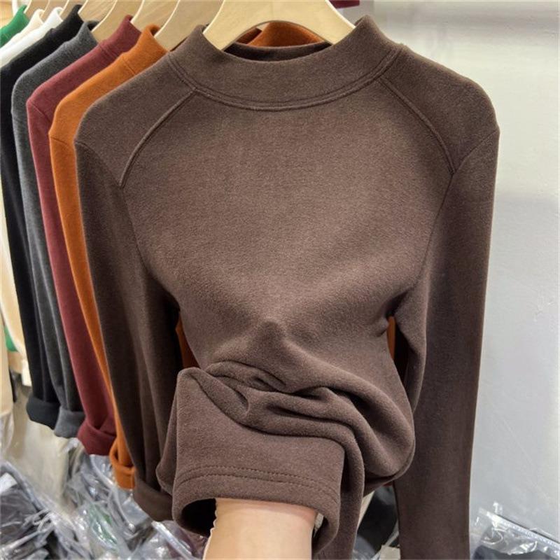 Solid Color Winter New German Velvet Polished Semi-turtleneck Bottoming Shirt Women's Slim Body with Long-sleeved T-shirt Top